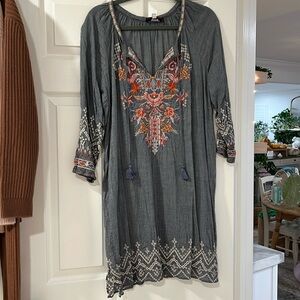 Johnny Was Charcoal Dress with Colorful Embroidery